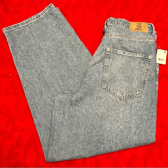 We The Free People Blue Denim Jeans Crossroads Mid Rise Slim Straight To Wire 32 - Picture 2 of 7